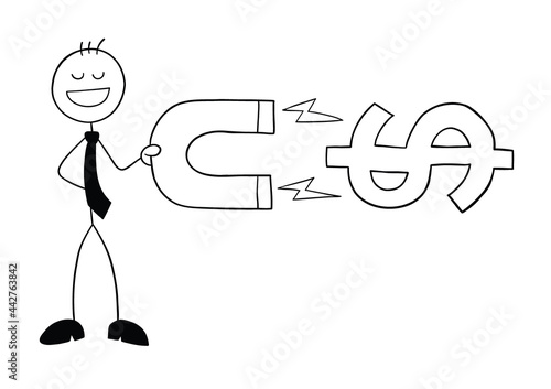 Stickman businessman character holds a magnet and attracts dollars, vector cartoon illustration