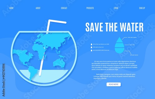 Web page Save the Water banner design template in paper cut style. Outline aquarium is half empty with drink straw and blue Earth map silhouette. 22 March World Water Day website vector concept.