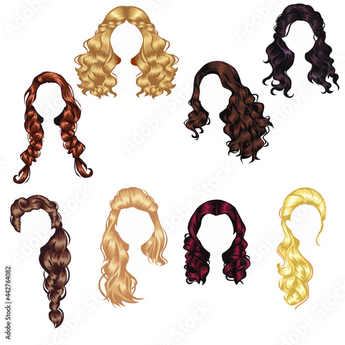 Women wigs hairstyle realistic icons set Vector .Set women with different types haircuts or vector image