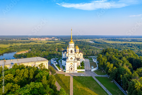 Aerial drone view of Assumption Cathedral in the city center of Vladimir with Klyazma river