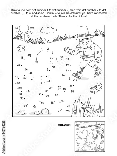 St. Patrick's Day connect the dots picture puzzle and coloring page with clover leaf and leprechaun. Answer included.
 photo