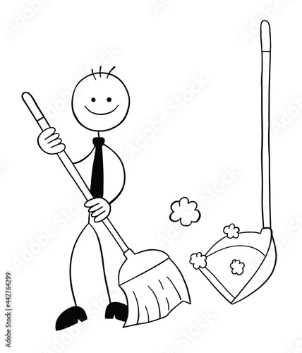 Stickman businessman character with broom and dustpan, sweeping the floor, vector cartoon illustration