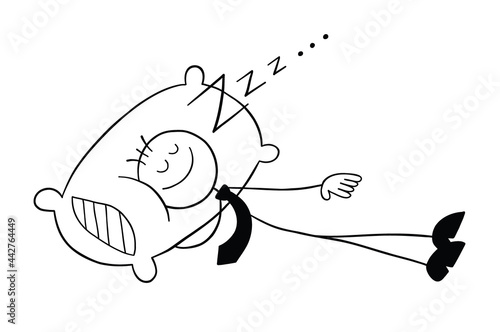 Stickman businessman character sleeps with a pillow, vector cartoon illustration