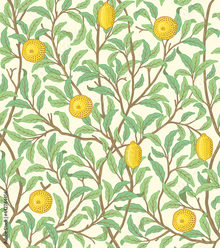 Vintage tropical fruit seamless pattern on light background. Lemons in foliage. Middle ages William Morris style. Vector illustration