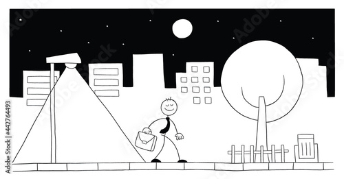 Stickman businessman character walking on the street at night, vector cartoon illustration