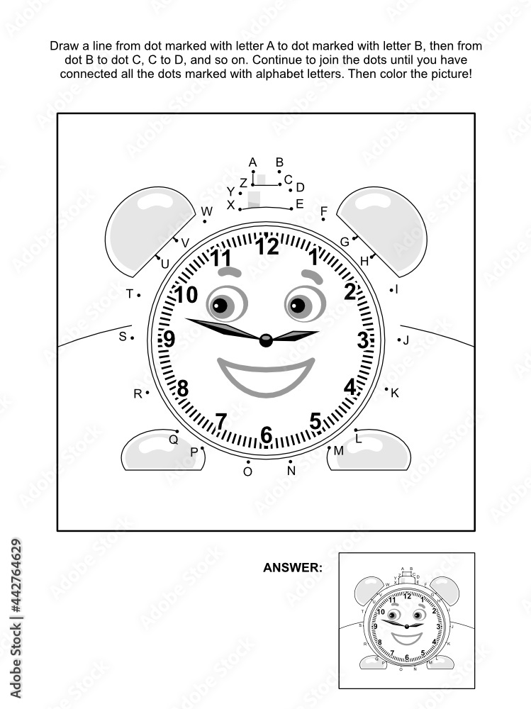 Alphabet connect the dots picture puzzle and coloring page with alarm