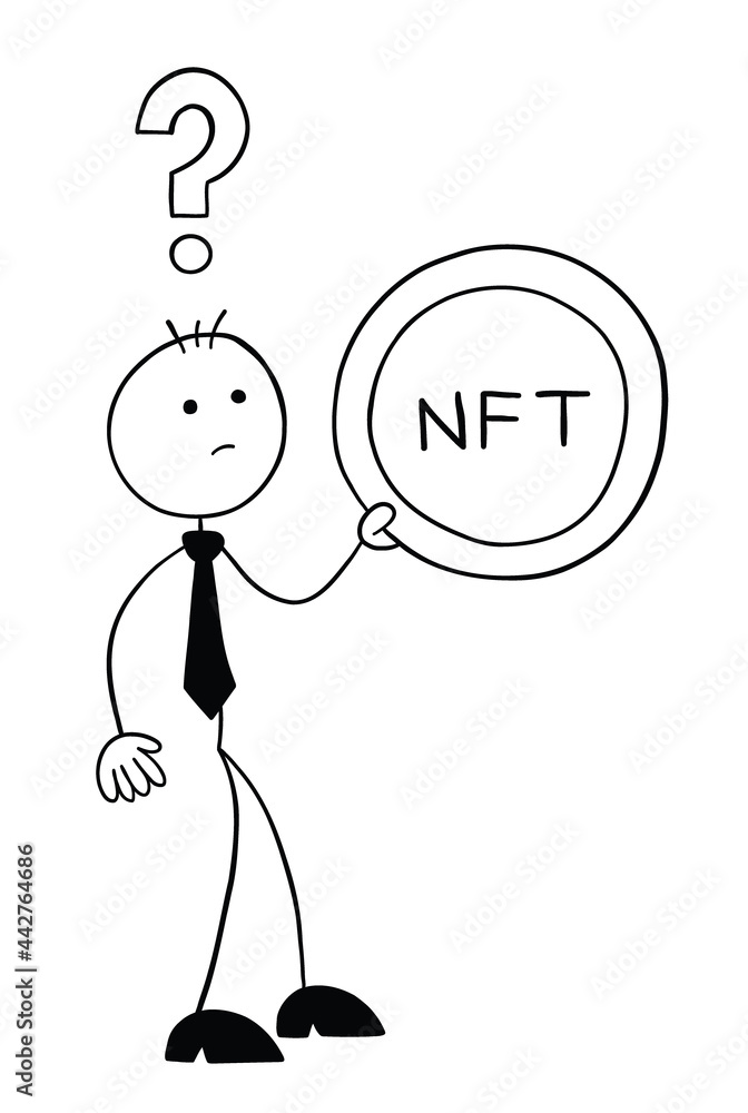 Stickman businessman character holding NFT coin and thoughtful about it, vector cartoon illustration Stickman businessman character holding NFT coin and thoughtful about it, vector cartoon illustration