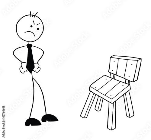 Stickman businessman character gets angry when he sees the wooden chair, vector cartoon illustration