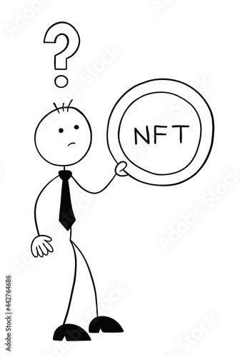 Stickman businessman character holding NFT coin and thoughtful about it, vector cartoon illustration