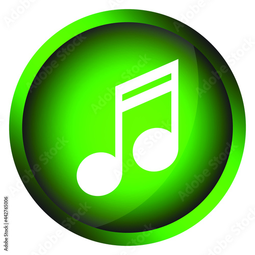 Музыкальный плеер иконка.  Music player icon. Green round button. Musical notes. Vector drawing.