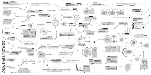Futuristic Callouts titles collection in HUD style. Interface elements HUD, UI, GUI, FUI. Tech callout bar labels, information call box bars and modern digital info boxes layout templates. Vector