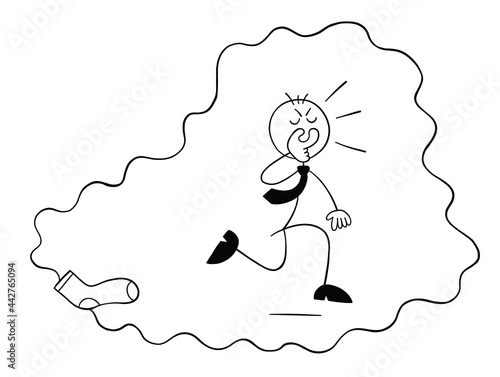 Stickman businessman character covers his nose from the nasty smell of socks and runs away, vector cartoon illustration