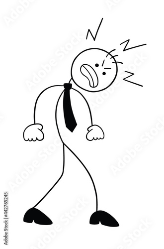 Stickman businessman character walking and very angry, vector cartoon illustration