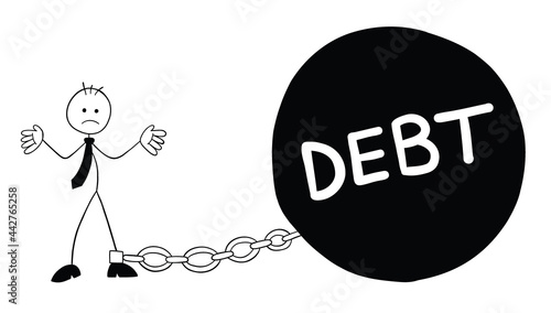 Stickman businessman character went bankrupt and chained to debt weight, vector cartoon illustration