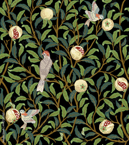 Vintage birds in foliage with birds and fruits seamless pattern on dark background. Middle ages William Morris style. Vector illustration. photo
