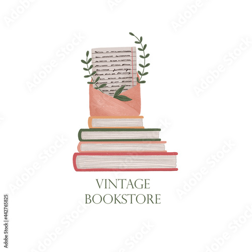 Vintage bookstore logo. Stack of books, envelope and letter, logo on white isolated background
