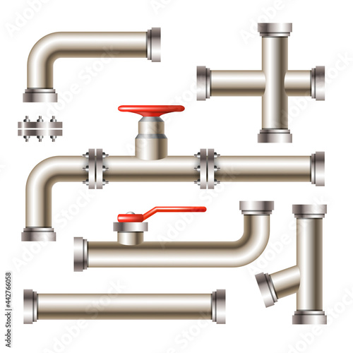 Pipeline With Gate Valve And Faucet Set Vector. Collection Of Steel Metal Water, Oil Or Gas Pipeline And Connection Detail. Sewerage Drainage System Template Realistic 3d Illustrations