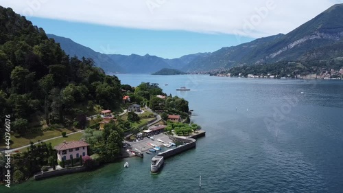 Aerial landscape from the drone on a sunny day of Como lake in Bellagio, north Italy, Lombardy
