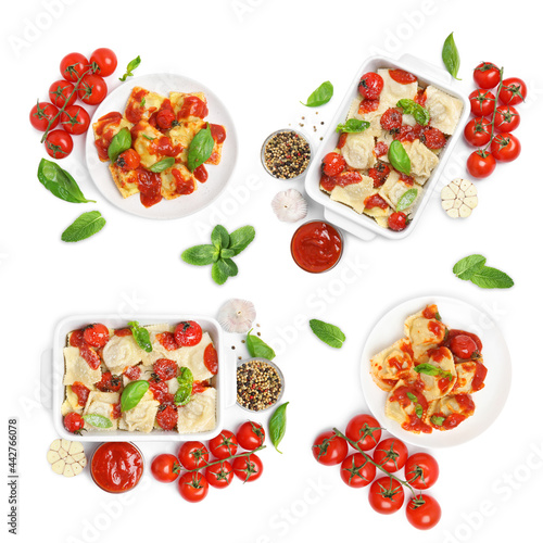 Fototapeta Naklejka Na Ścianę i Meble -  Set of tasty ravioli with tomato sauce and ingredients on white background, top view