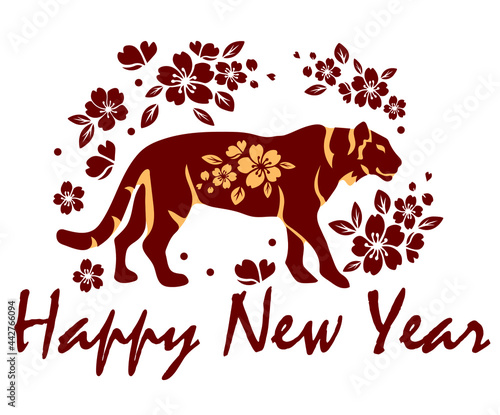 Happy chinese new year 2022 Zodiac sign, year of the tiger, red and gold paper, flower and Asian elements with craft style on background, Christmas taming for Asian new year, greeting card