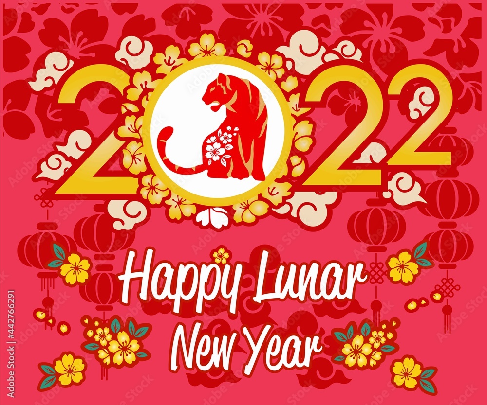congratulation banner Happy Chinese New Year 2022. Year of the tiger with Asian elements and flower with craft style on background. congratulation banner Happy Chinese New Year 2022. Year of the tiger with Asian elements and flower with craft style on background.