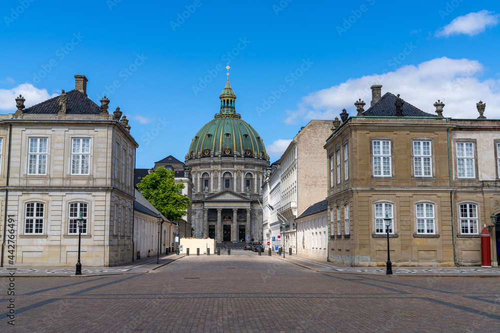 view of the Amalienborg Palaces and the Frederiks Church in downtown Copenhagen