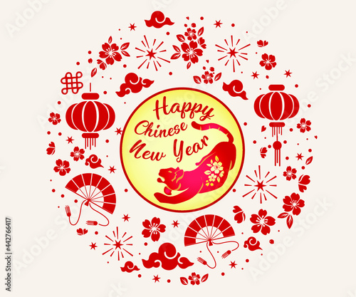Happy chinese new year 2022 Zodiac sign, year of the tiger, red and gold paper, flower and Asian elements with craft style on background, Christmas taming for Asian new year, greeting card