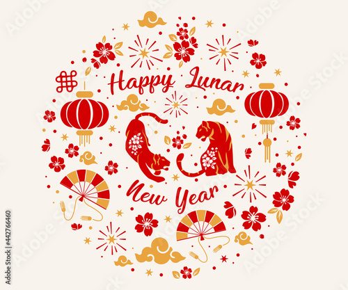 Happy chinese new year 2022 Zodiac sign, year of the tiger, red and gold paper, flower and Asian elements with craft style on background, Christmas taming for Asian new year, greeting card