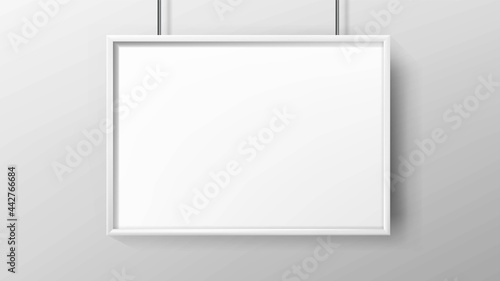 Poster Blank Advertisement Paper With Frame Vector. Hanging On Wall Poster List, Office Or House Room Picture. Promotional Banner Or Image Empty Canvas Mockup Realistic 3d Illustration