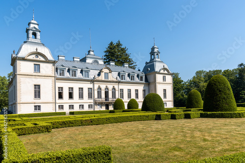 view of the Kronovall Castle and gardens on a summer day under a blue sky