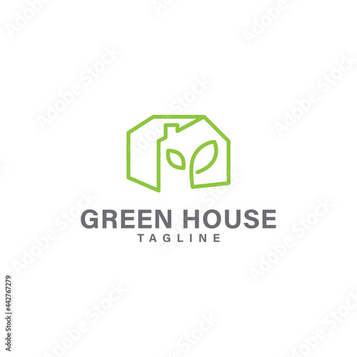 Green house logo, home and leaf logo design vector template