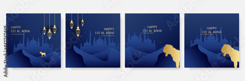 Eid Al Adha Mubarak Background. Eid al adha mubarak bakrid festival with goat and mosque. Islamic design illustration concept for Happy eid al adha or sacrifice celebration event with people character