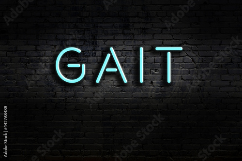 Neon sign. Word gait against brick wall. Night view photo