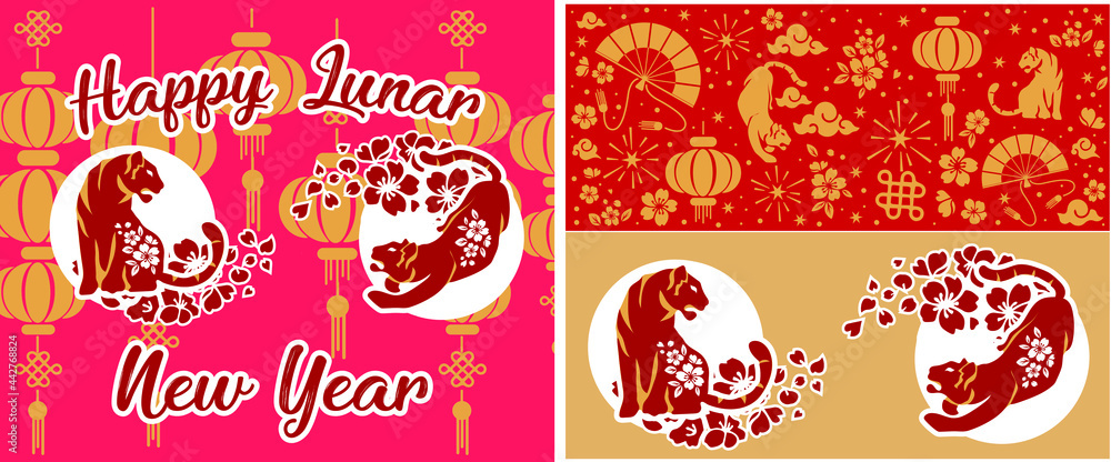set Happy Chinese New Year. with gold paper cutout and craft style on colored background for greeting card, Year of the Tiger with Asian elements and flower with handicraft style on background. set Happy Chinese New Year. with gold paper cutout and craft style on colored background for greeting card, Year of the Tiger with Asian elements and flower with handicraft style on background.