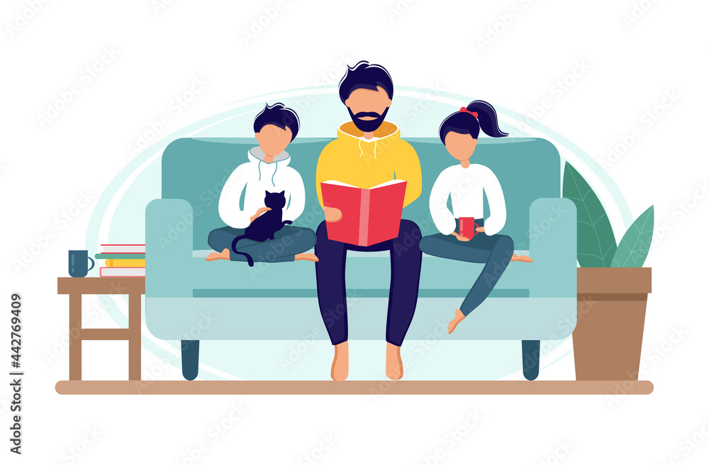 Stay home during the coronavirus epidemic. Dad reading for kids on the couch. Family sitting on the sofa with book. Illustration in flat style for father's day. Self-isolation. Stay home during the coronavirus epidemic. Dad reading for kids on the couch. Family sitting on the sofa with book. Illustration in flat style for father's day. Self-isolation.