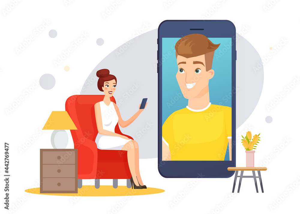 Video chat communication vector illustration. Cartoon happy woman character communicating, chatting with man friend online in friendly virtual conversation, distance videoconference isolated on white Video chat communication vector illustration. Cartoon happy woman character communicating, chatting with man friend online in friendly virtual conversation, distance videoconference isolated on white