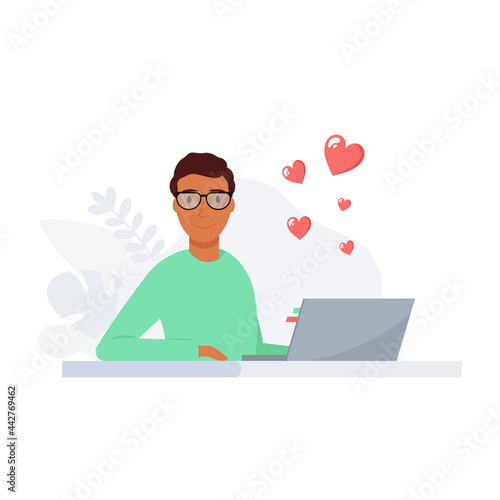 Man chatting with his beloved through internet. Internet dating. Valentine's day congratulation. Distant relationship concept. Vector illustration. 