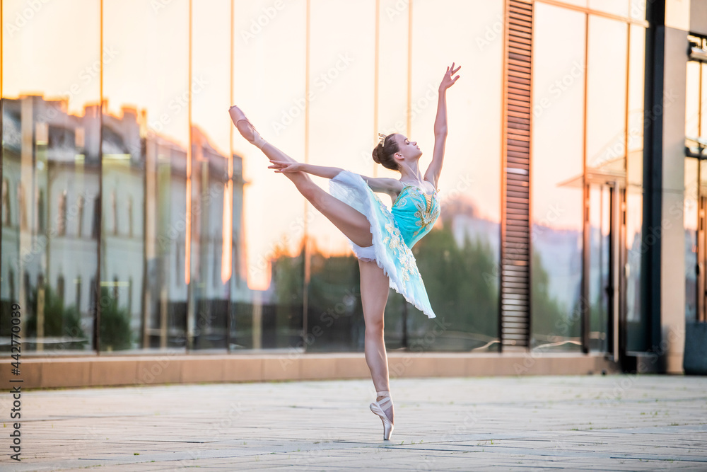 young ballerina is dancing on pointe shoes in delicate mint blue tutu  against the backdrop of reflection of sunset in the city Stock Photo |  Adobe Stock
