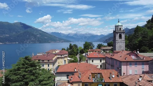 Aerial landscape from the drone on a sunny day of Como lake in Bellagio, north Italy, Lombardy
