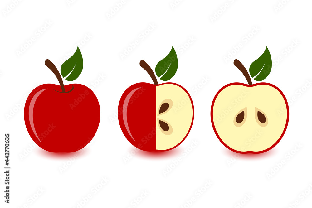 Red apple icons set, whole, cut and half fresh, juicy, ripe fruit. Vector illustration isolated. Red apple icons set, whole, cut and half fresh, juicy, ripe fruit. Vector illustration isolated.