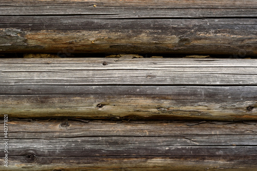 Dark wooden wall texture.
Natural wood background.
Old wooden wall of a house made of horizontal planks in the countryside.