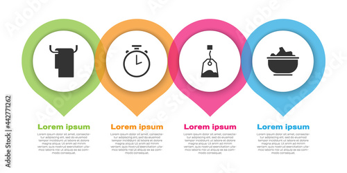 Set Towel on a hanger, Stopwatch, Tea bag and Sea salt in a bowl. Business infographic template. Vector