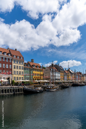 vertical view of the historic Nyhavn quarter in downtown Copenhagen