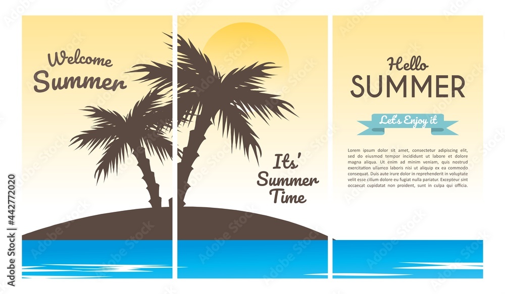 Fototapeta premium Collection set of social media stories design templates summer backgrounds. Summer sunny landscape with beach, sea, ocean and seaside waves. Summer vacation or tourist agency background.