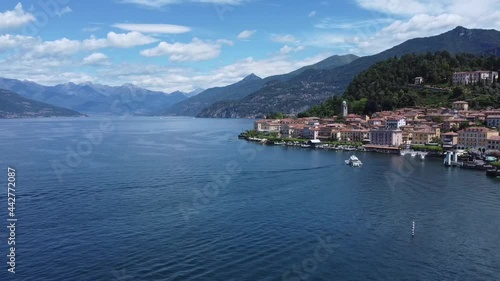 Aerial landscape from the drone on a sunny day of Como lake in Bellagio, north Italy, Lombardy