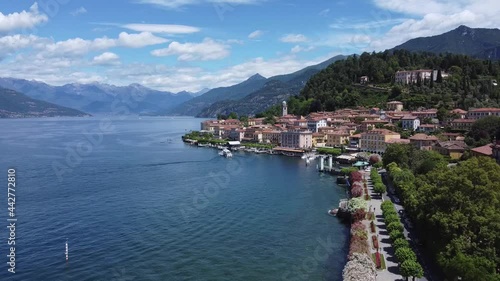 Aerial landscape from the drone on a sunny day of Como lake in Bellagio, north Italy, Lombardy
