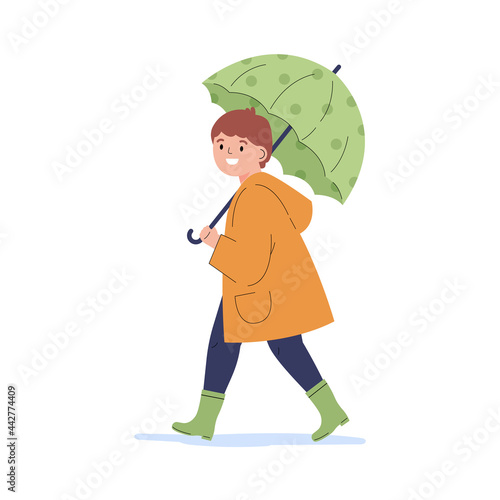 The boy walks in the rain. Happy child in a yellow raincoat under umbrella during rain. Flat vector cartoon illustration isolated on white background.