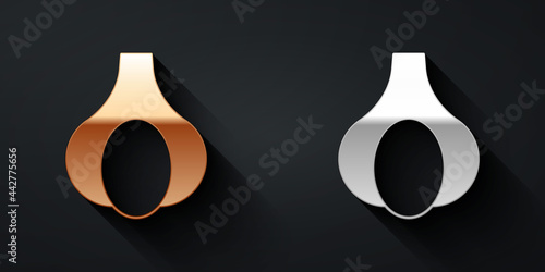 Gold and silver Garlic icon isolated Gold and silver background. Long shadow style. Vector