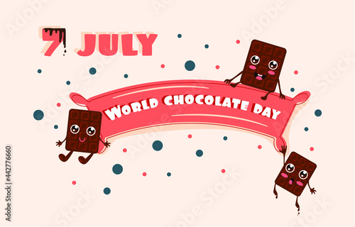 World chocolate day. July celebrate holidays. Happy kids event. Chocolate characters.