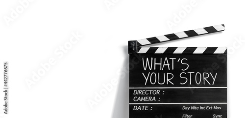 Wallpaper Mural what's your story, Text title written on the film slate or clapperboard